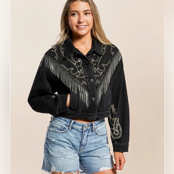 NEW blue b Black Rhinestone Chevron Fringe Cowboy Stitch Western Denim Jacket S - Picture 3 of 6